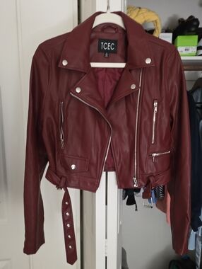 TCEC Women's Dark Red Faux Leather Moto Jacket